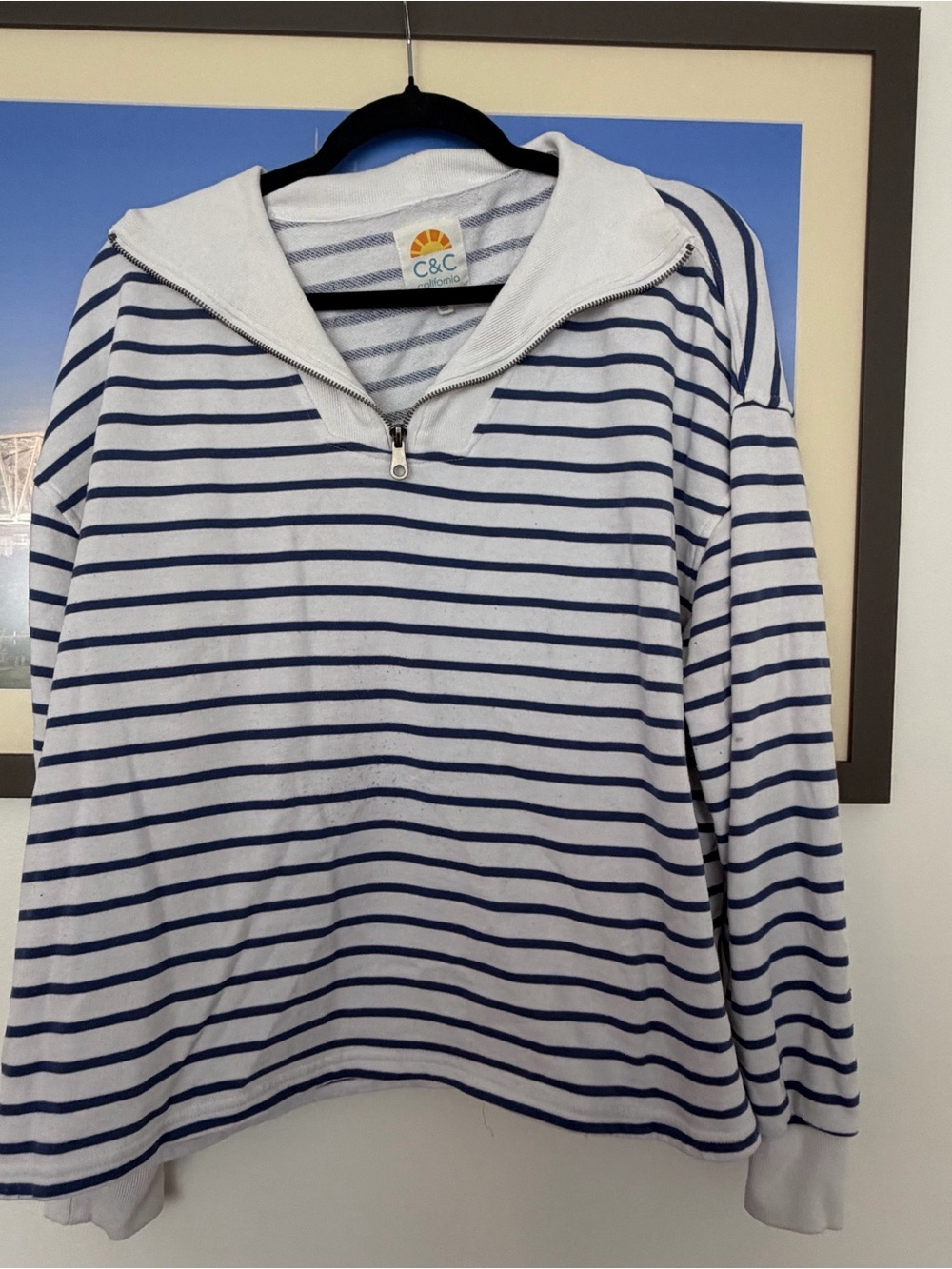 C&C California White Sweater with Navy Stripe Detail